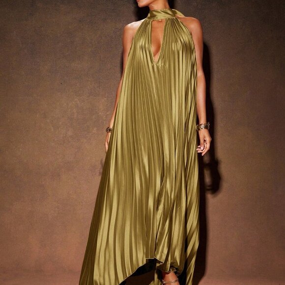 olive sexy Women's Elegant Pleated High Low Backless maxi dress - Picture 4 of 5